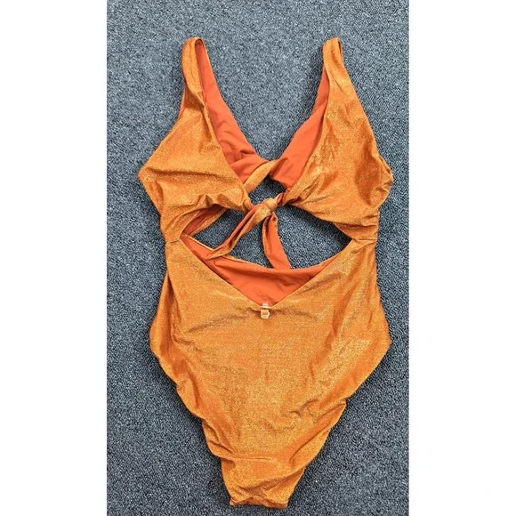 Malai Women Copper Bronze Metallic Shimmer Cutout One Piece Swimsuit Large NEW - Picture 4 of 9